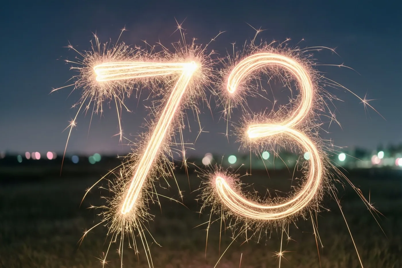 Gouden lichtsporen van sterretjes vormen het getal 73 tegen een donkere nachthemel met onscherpe stadslichtjes op de achtergrond.