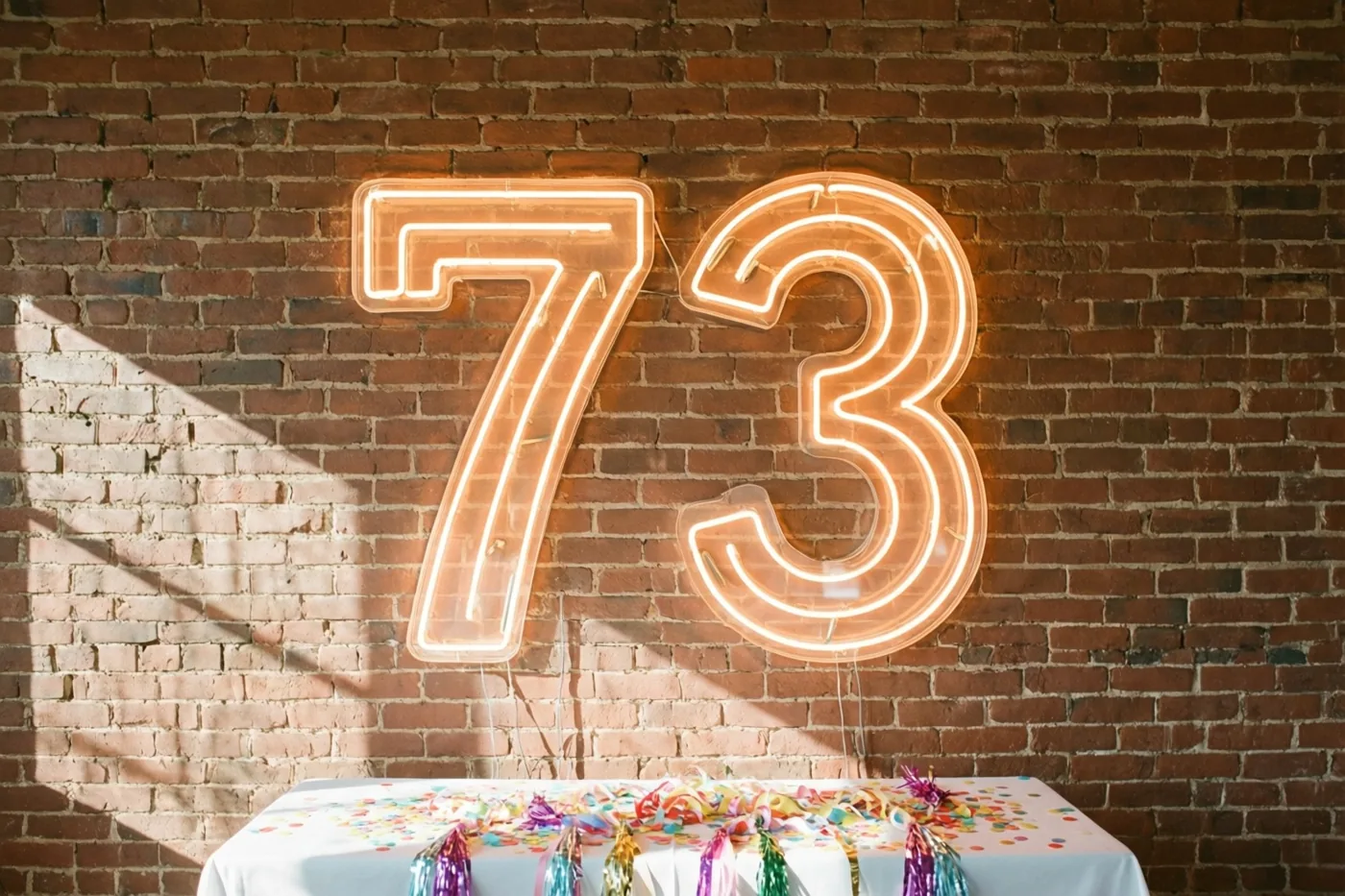 Een groot neongetal 73 hangt aan een rode bakstenen muur boven een versierde feesttafel met kleurrijke slingers en confetti.