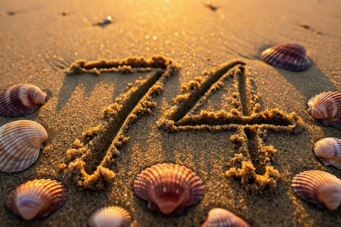 Het getal 74 is in nat strandzand getekend tussen verspreide schelpen, in het warme gouden licht van de ondergaande zon.