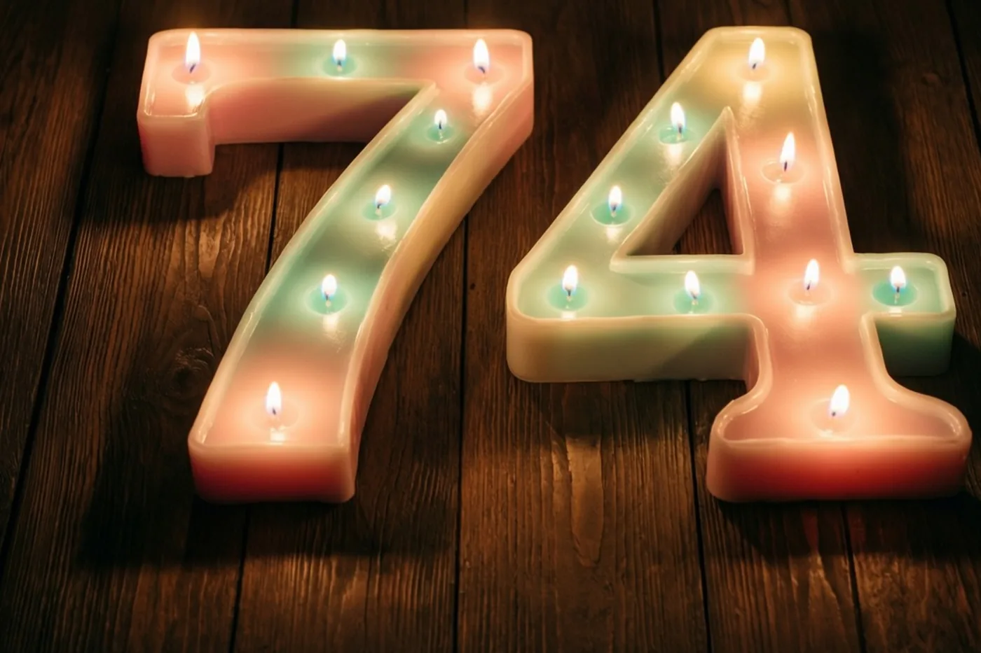 Brandende theelichtjes vormen het getal 74 op een donkere houten vloer en verspreiden een warme gloed.
