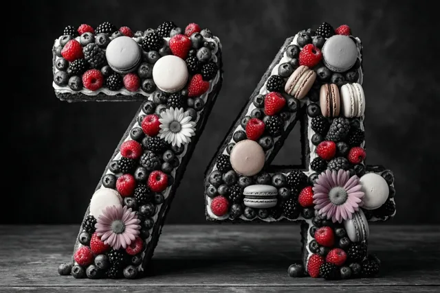 Een taart in de vorm van 74 met bessen, macarons en eetbare bloemen staat op een houten ondergrond tegen een donkere achtergrond.