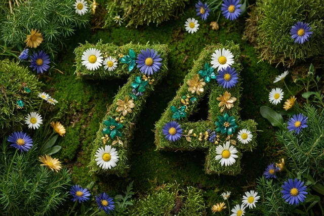 Het getal 74 is gemaakt van mos en versierd met madeliefjes en andere bloemen in een landelijke tuin met groene, witte en blauwe tinten.