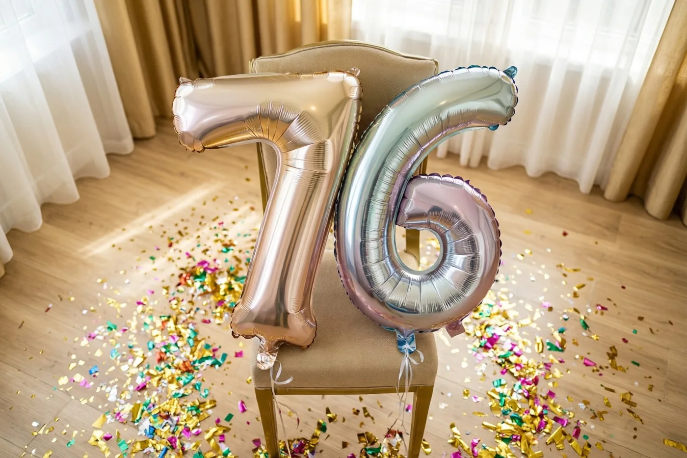Twee metalen cijferballonnen vormen 76 aan een stoel in een lichte kamer met confetti op de houten vloer, in pastel- en zilvertinten.