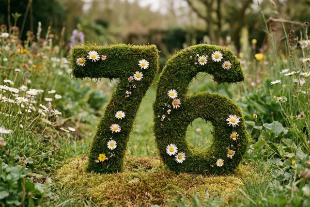 Het getal 76 is gevormd uit een met mos begroeide haag en versierd met madeliefjes in een landelijke tuin met veldbloemen en een onscherpe achtergrond.