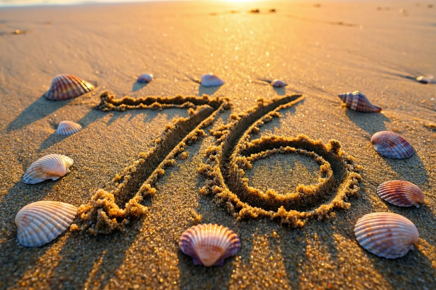 Het getal 76 is in strandzand getekend tussen verspreide schelpen bij zonsondergang, in warm goudkleurig licht.