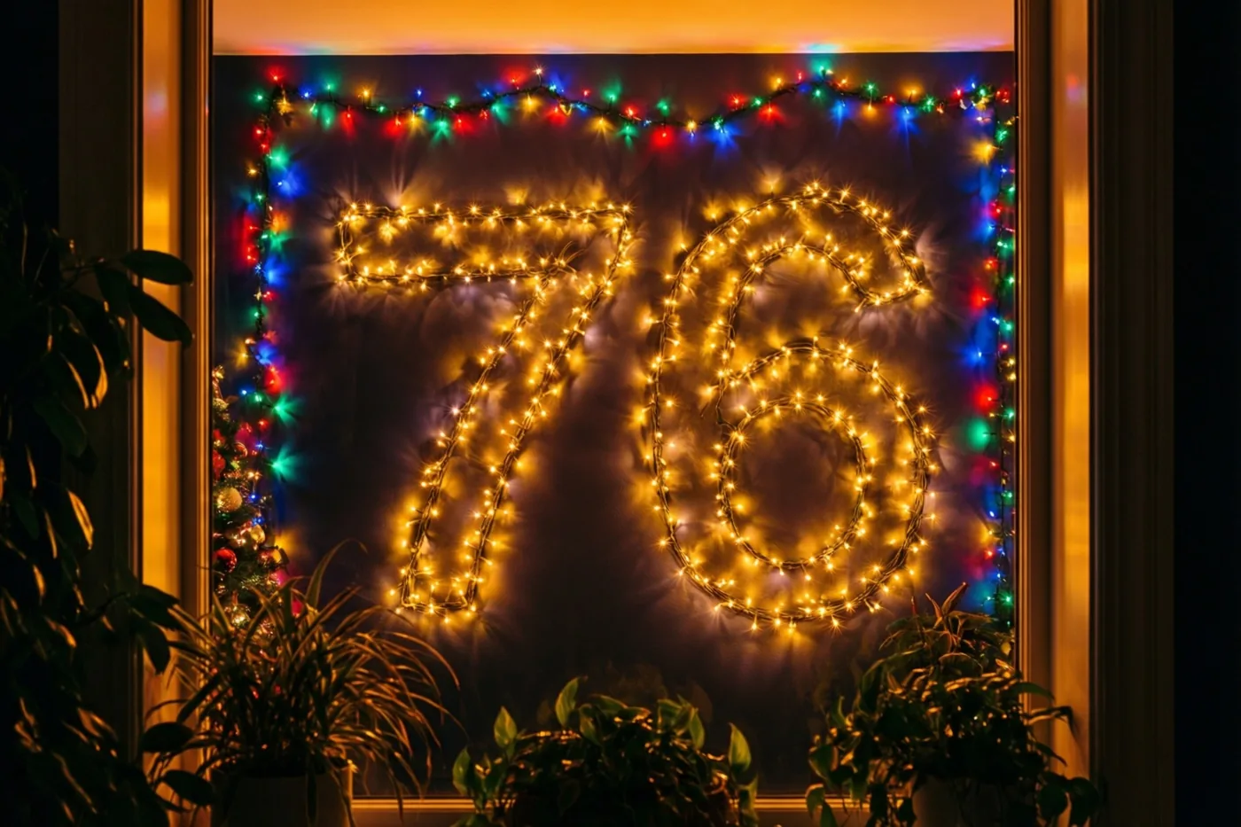 Warme lichtslingers vormen 76 op een donkere muur, omlijst door een raam met kleurrijke lichtjes en kamerplanten.