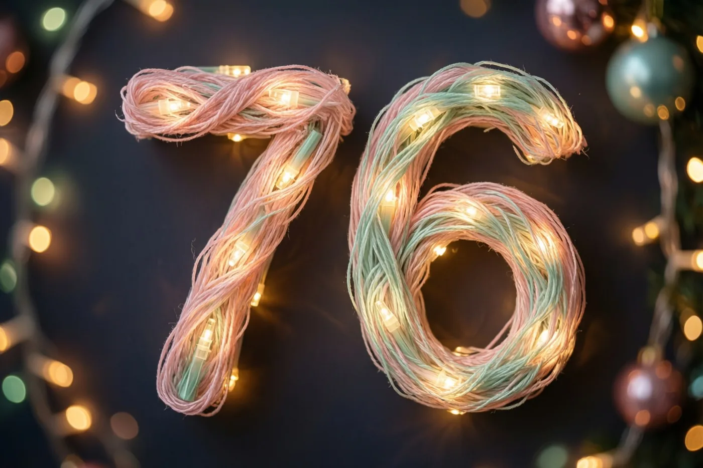 Verstrengelde roze en mintgroene lichtslingers vormen 76 tegen een donkere achtergrond met onscherpe feestlichtjes en versieringen.