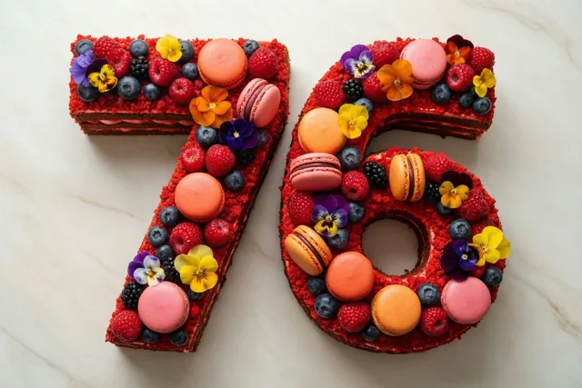 Een taart in de vorm van 76 met bessen, macarons en eetbare bloemen staat op wit marmer, met rode, roze, oranje en blauwe tinten.