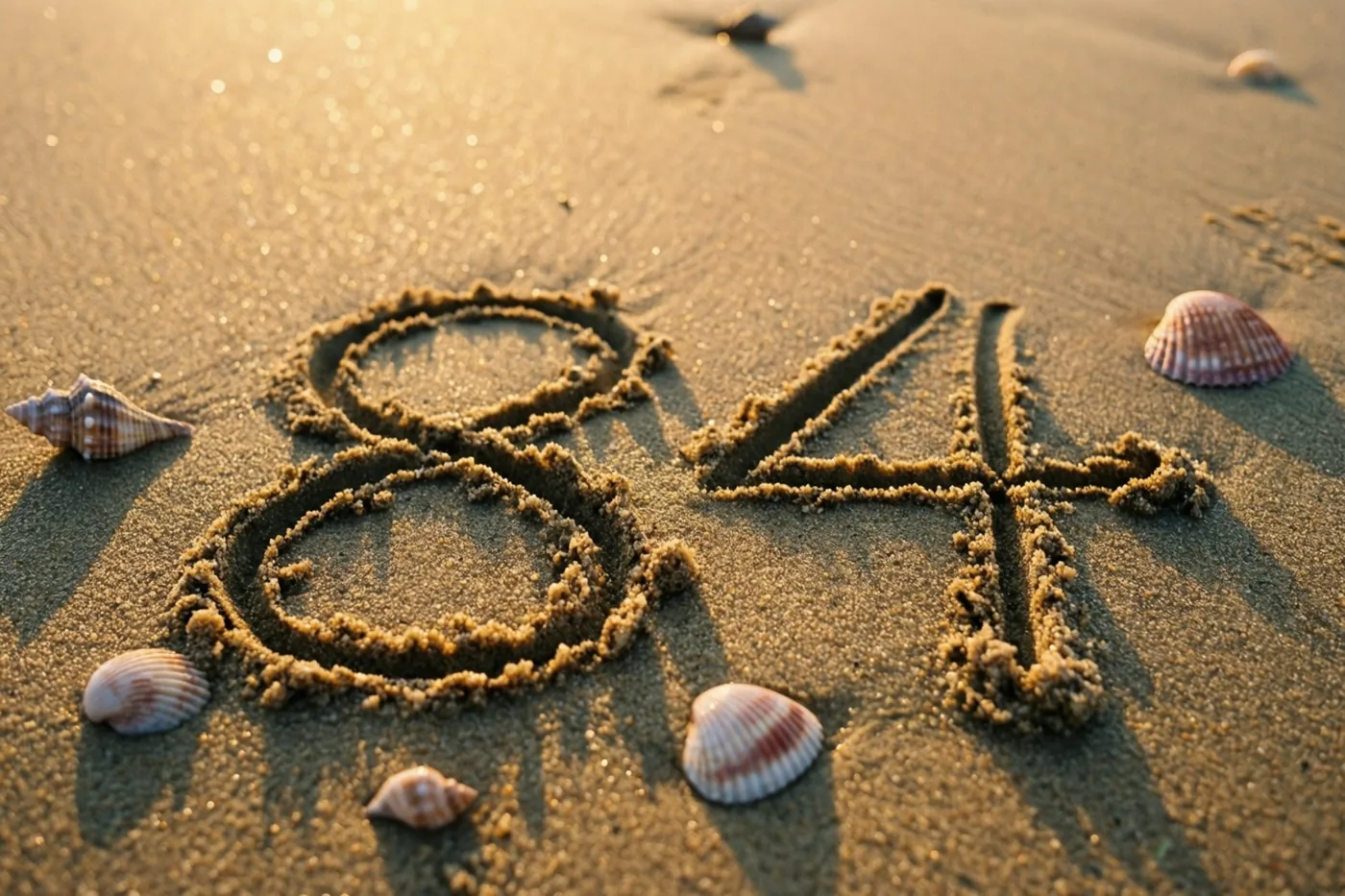 Het getal 84 is in nat strandzand getekend tussen verspreide schelpen, in warm goudkleurig licht met een zacht glinsterende achtergrond.