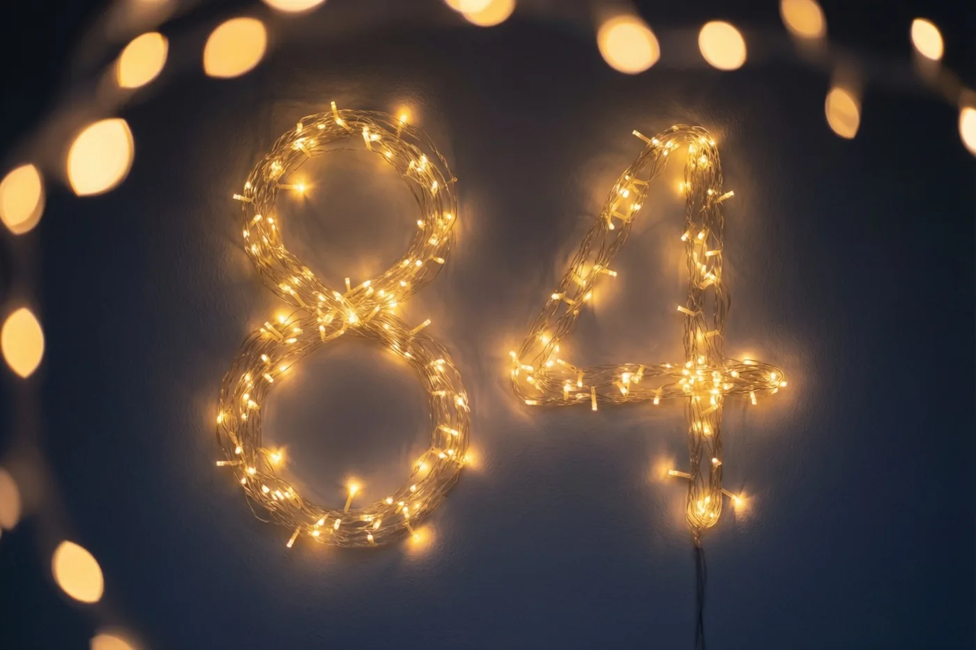 Warme lichtjes vormen 84 op een donkere muur, met onscherpe feestverlichting op de achtergrond.