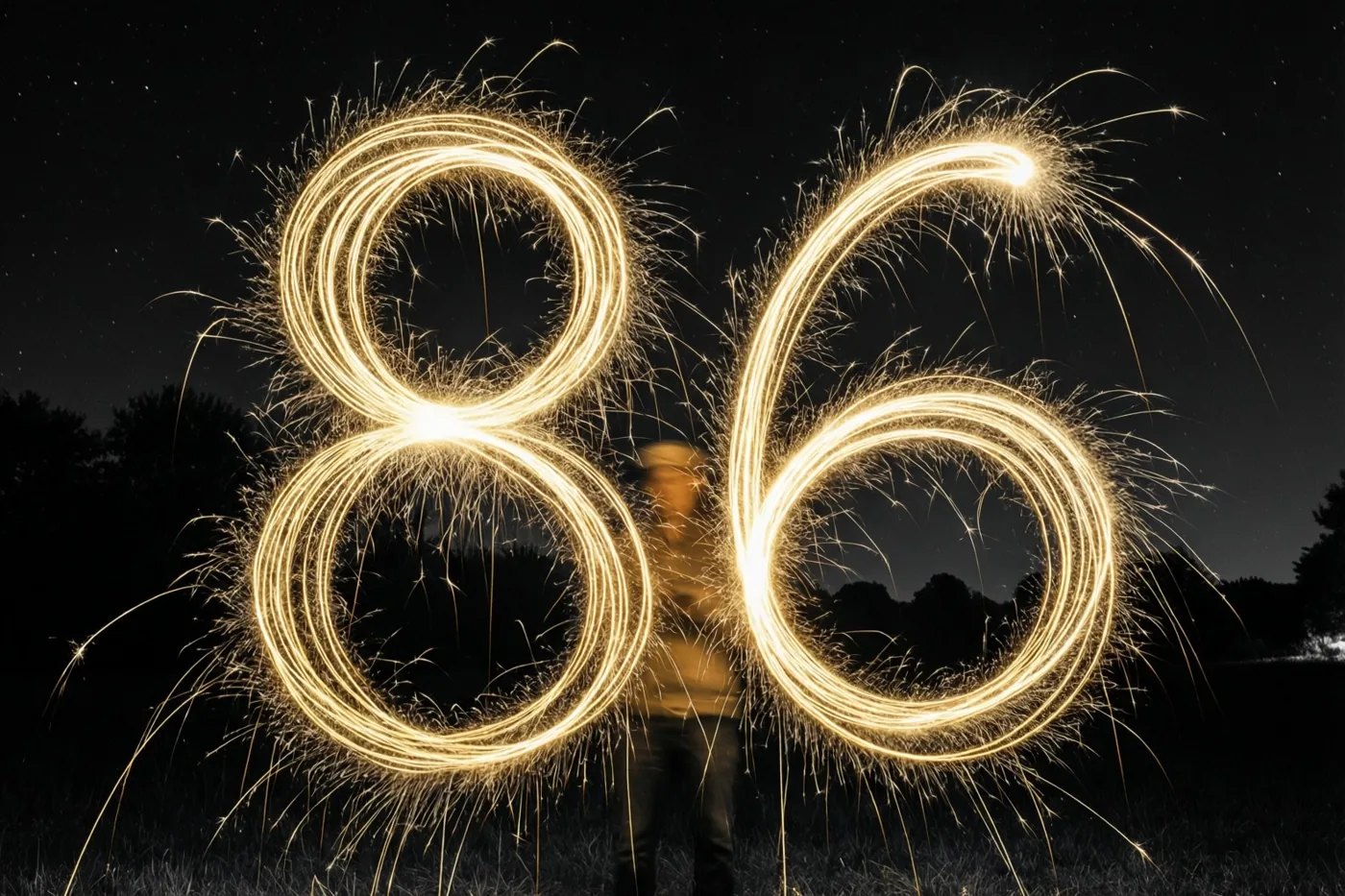 Gouden vonkensporen vormen het getal 86 tegen een donkere nachtelijke hemel met zwakke sterren.