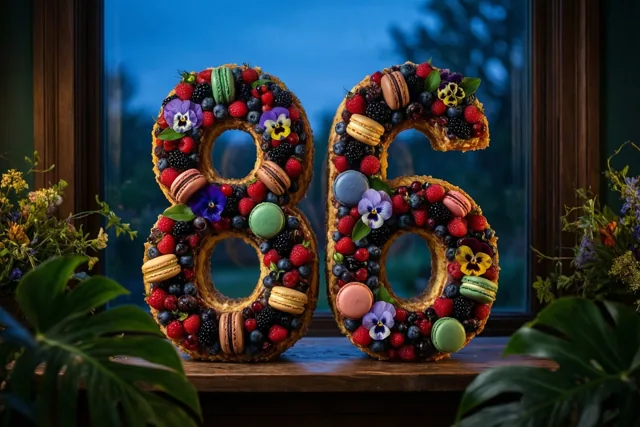 Twee grote taarten in de vorm van 8 en 6 met bessen, macarons en eetbare bloemen staan op een houten vensterbank bij een raam met blauwe schemerlucht en weelderig groen.