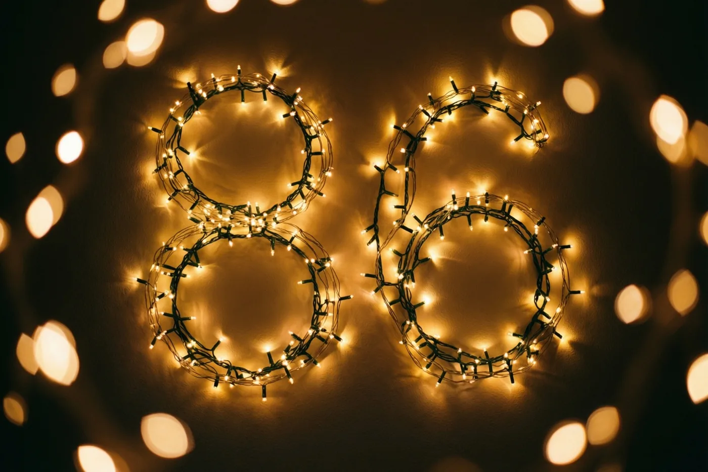 Warme lichtjes vormen het getal 86 op een donkere muur met onscherpe feestlichtjes op de achtergrond.