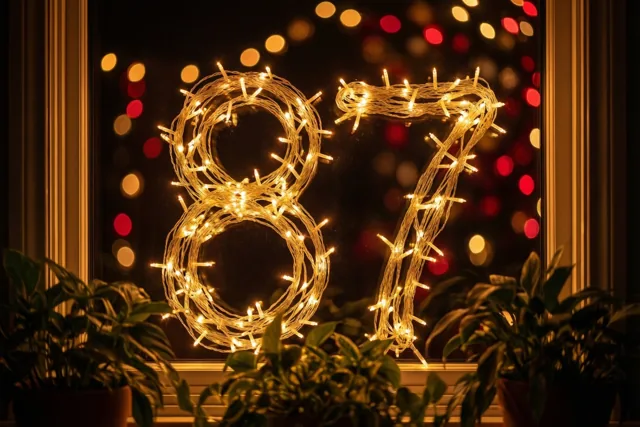 Warme lichtjes vormen het getal 87 tegen een donkere achtergrond, omlijst door een raam met potplanten op de voorgrond.