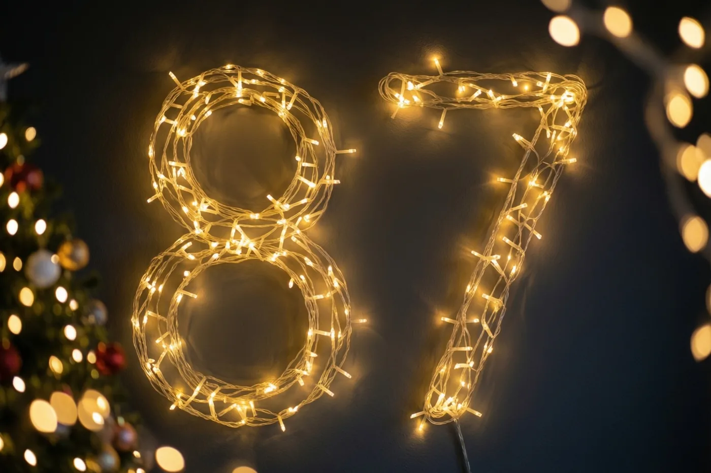 Warme lichtjes vormen het getal 87 tegen een donkere muur, met onscherpe lichtvlekken en links een wazige kerstboom.
