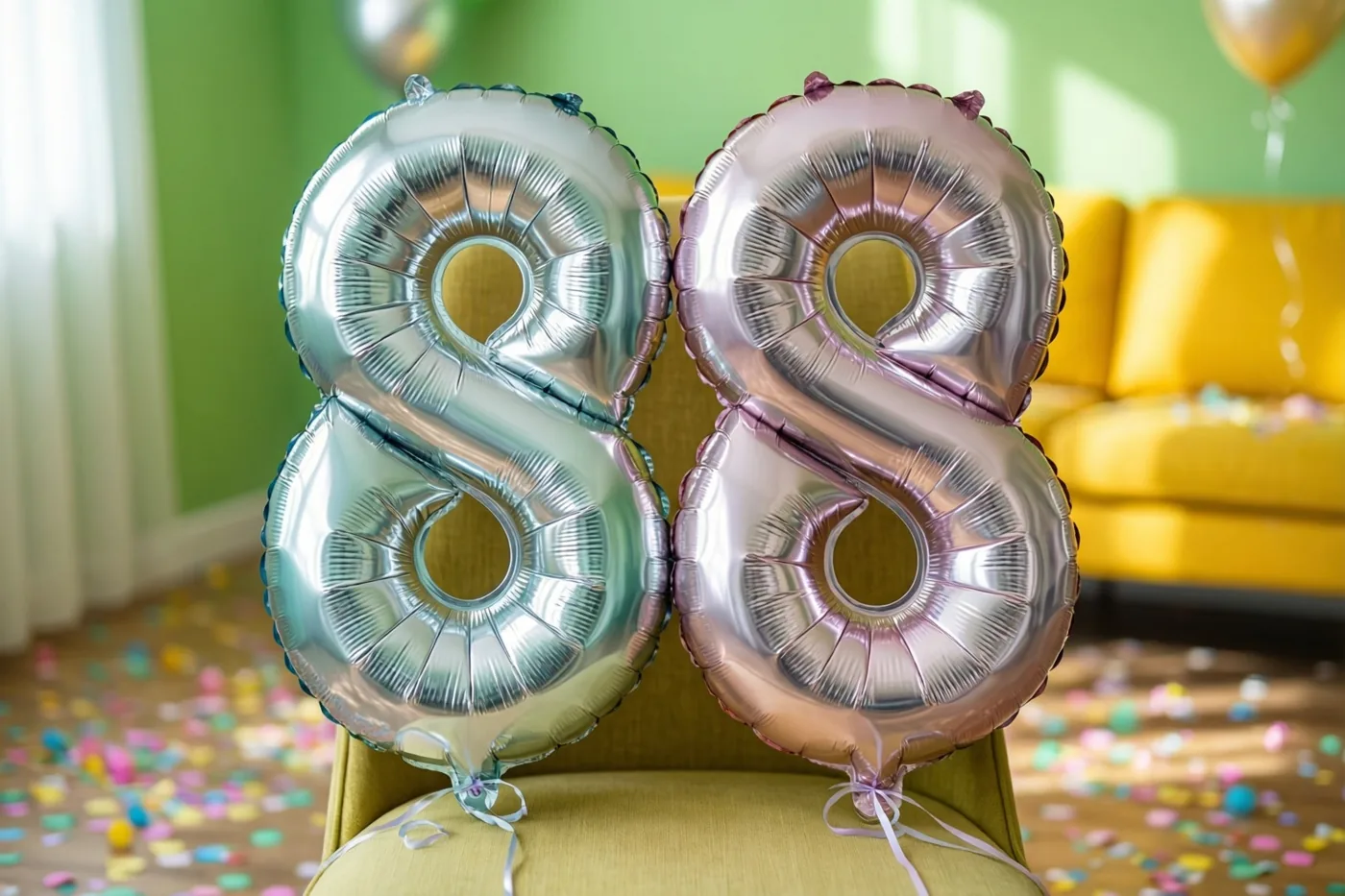 Zilveren en pastelroze folieballonnen vormen 88 en zijn vastgemaakt aan een stoel in een lichte kamer met confetti op de houten vloer.