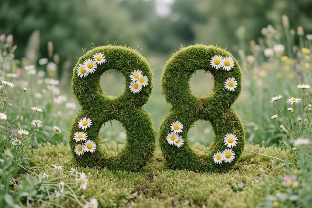 Twee grote met mos bedekte achten staan in een weelderige groene tuin en zijn versierd met madeliefjes.