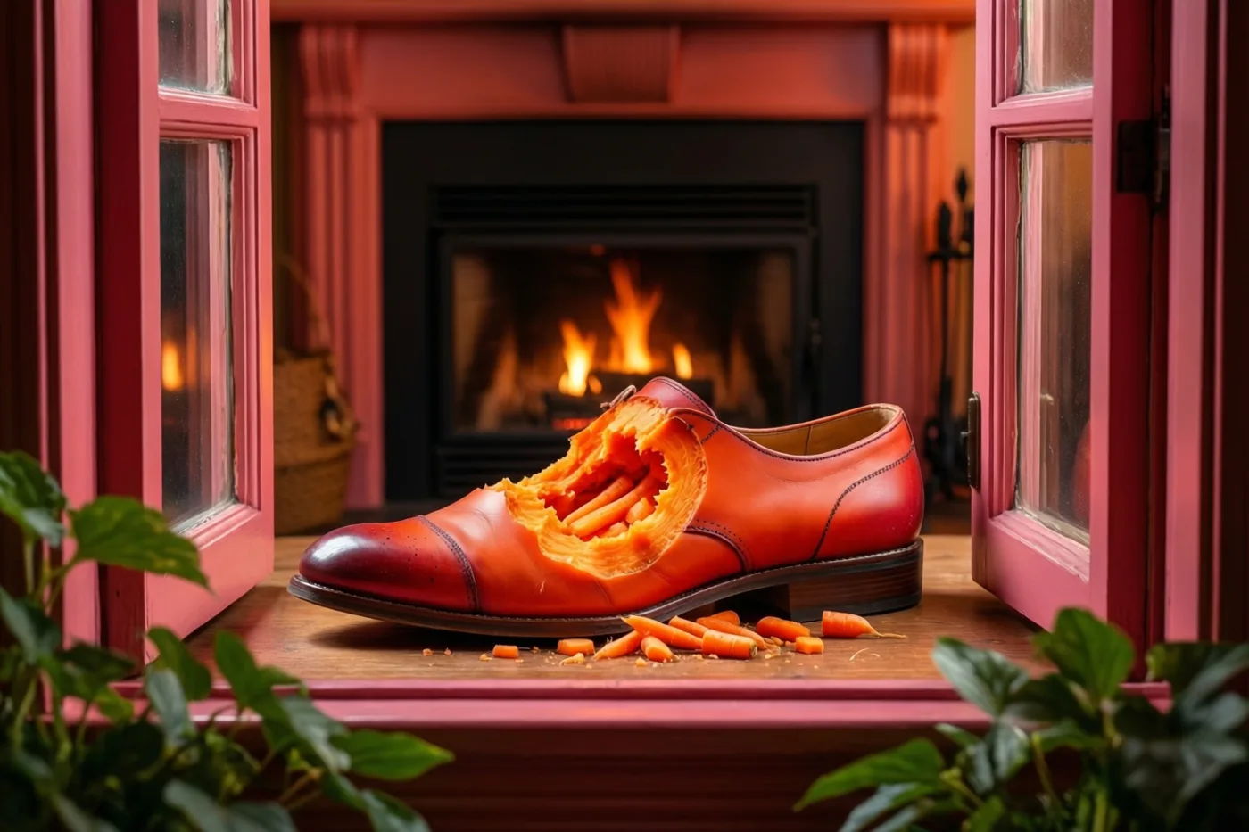Een rode leren schoen waar een grote hap uit is staat gevuld met stukjes wortel op een vensterbank voor een haard, in warm rood en oranje licht.