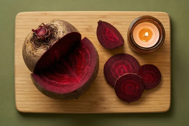 Een biet met een groot uitgesneden deel en een dieprode binnenkant ligt met enkele schijven op een houten snijplank naast een brandend theelichtje in een glazen potje, tegen een zachtgroene achtergrond.