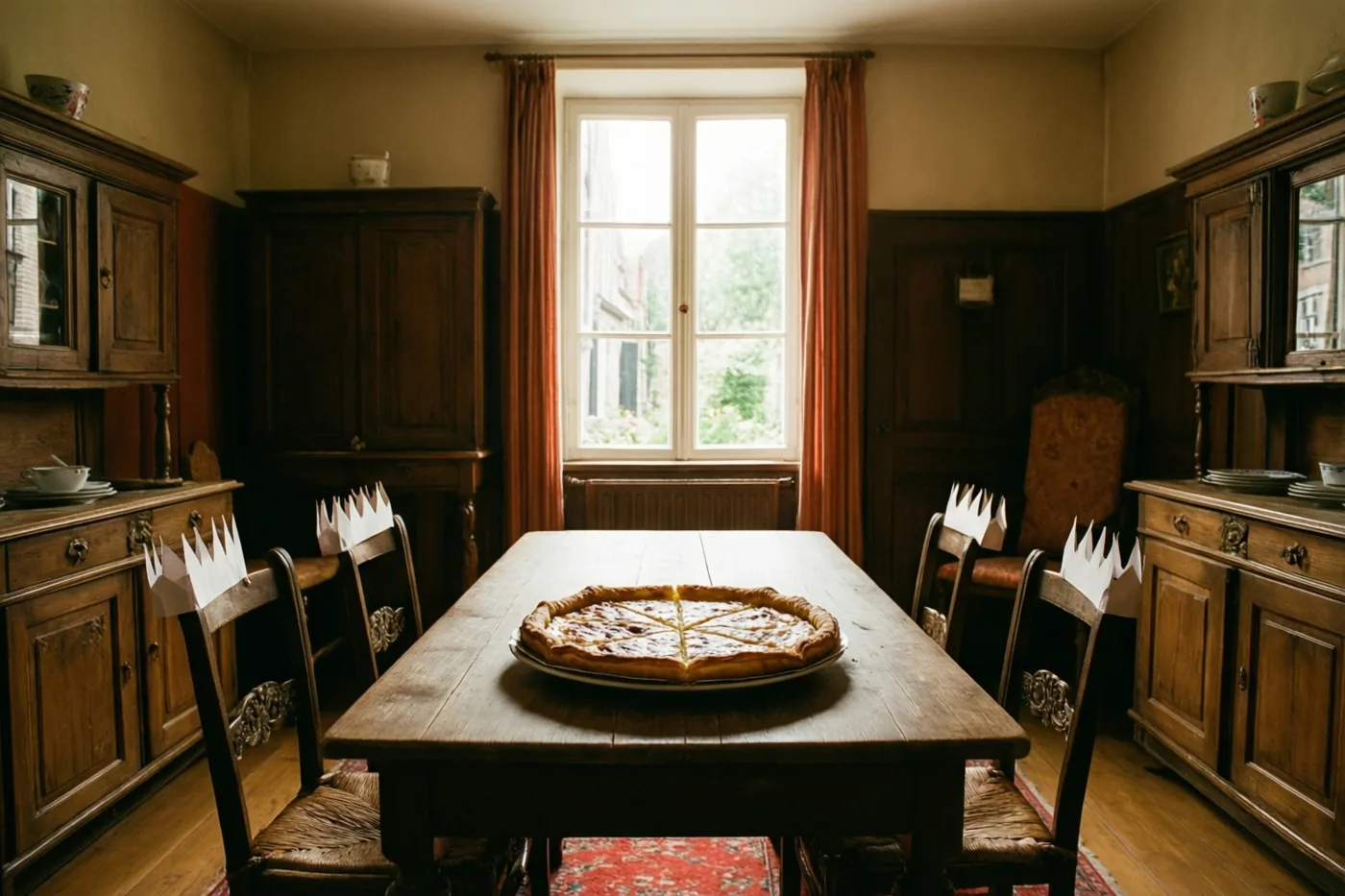 Op een houten eettafel in een traditionele Vlaamse kamer ligt een aangesneden galette, met papieren kronen op de stoelen, donkere houten meubels en een rood tapijt in warm raamlicht.