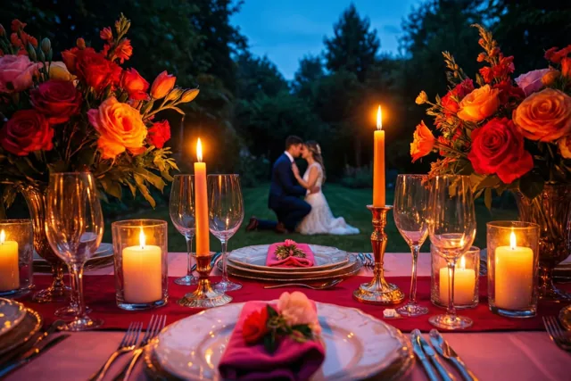 Een dinertafel met kaarsen en bloemen in warme rode, oranje en gouden tinten staat bij schemering in een tuin, met op de achtergrond een man die knielt voor een huwelijksaanzoek.