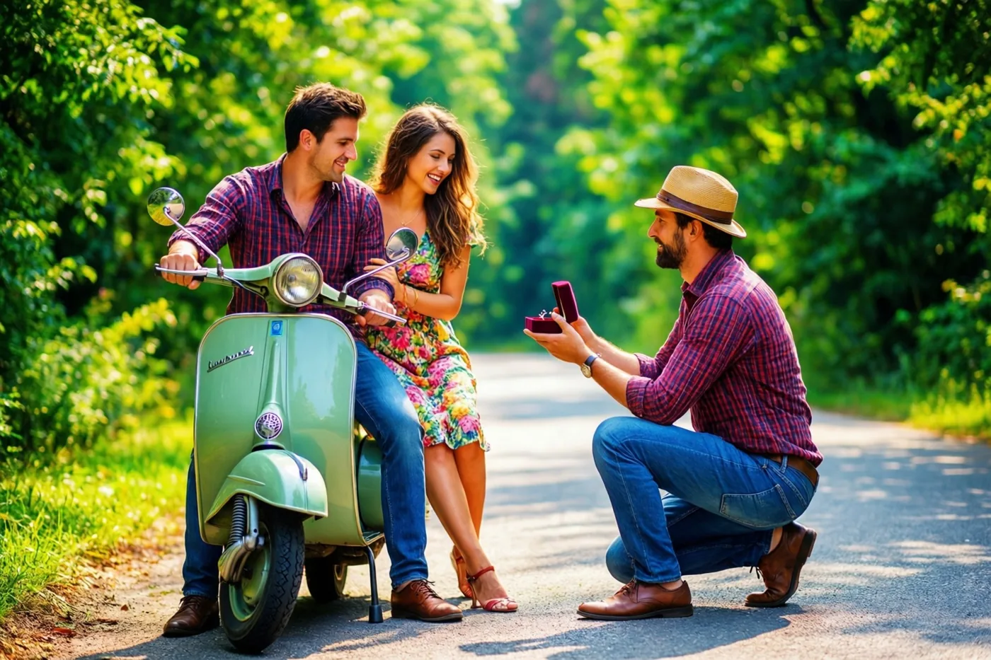 Een man knielt op een verharde weg naast een groene vintage scooter en houdt een rood ringdoosje voor aan een vrouw op de scooter, in een zonnig groen bos.