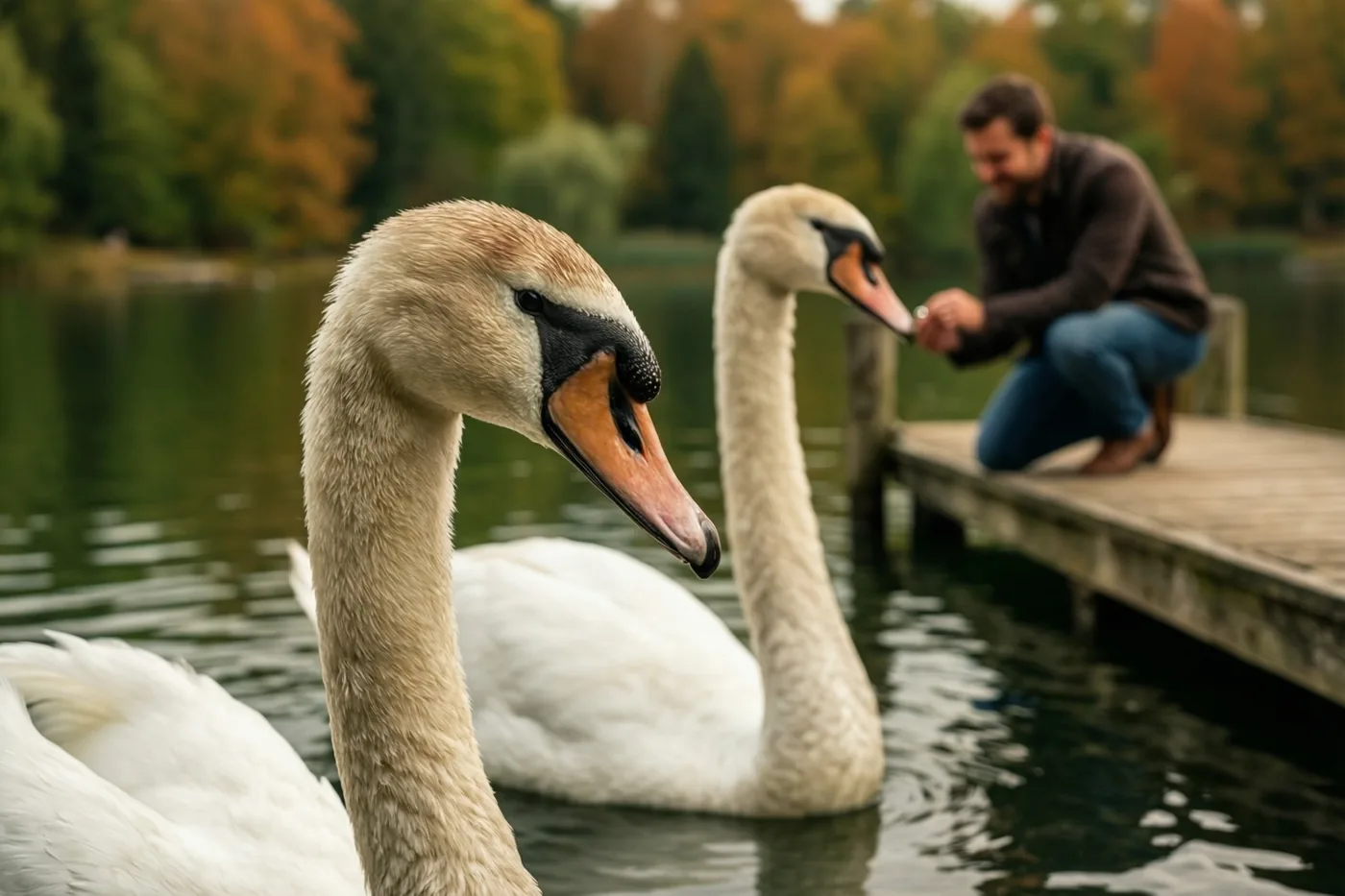 Twee zwanen zwemmen op een rustig meer naast een houten steiger waarop een man knielt voor een aanzoek, met oranje en groene herfstbomen errond.