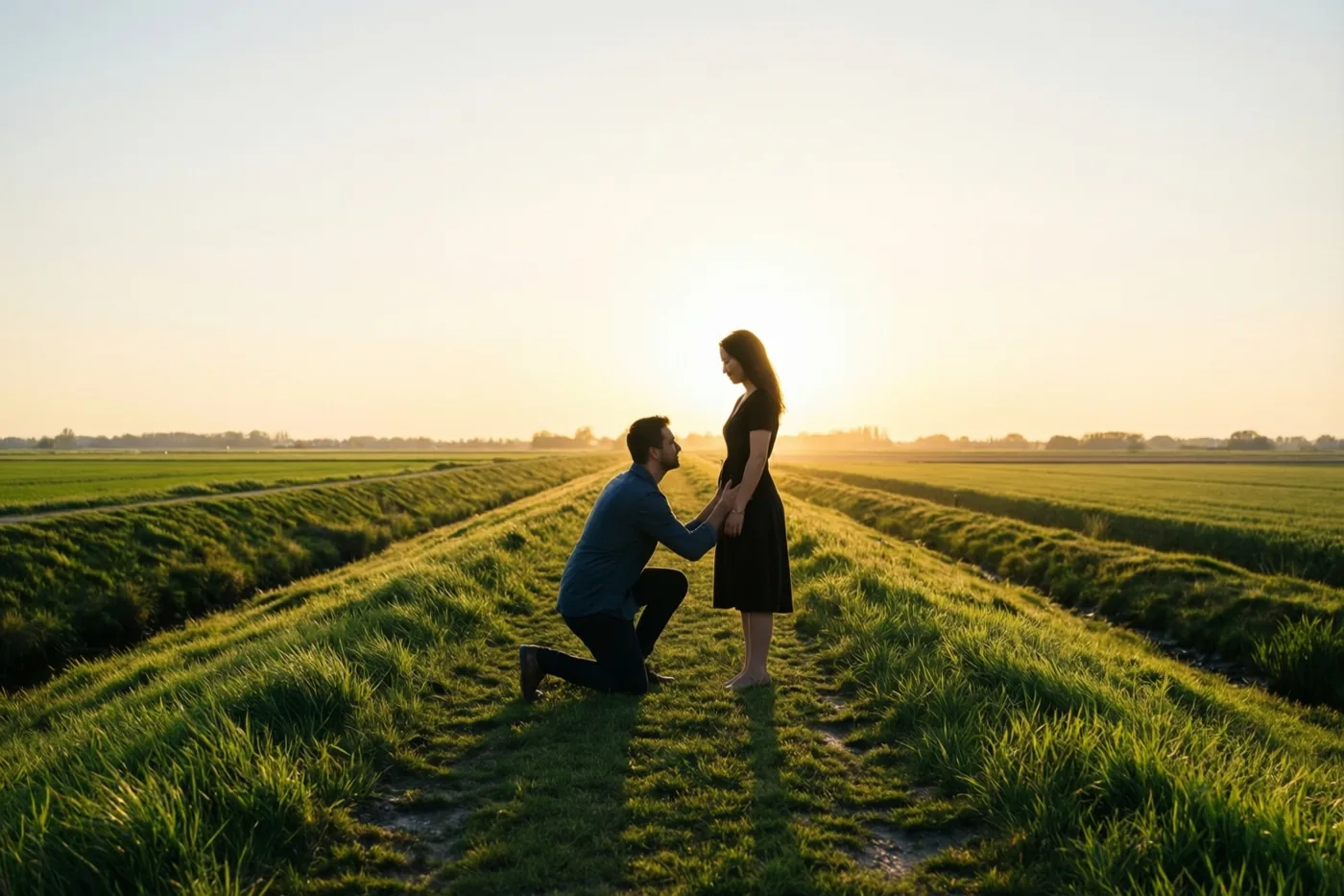 Een man knielt voor een vrouw op een met gras begroeide polderdijk, met hun silhouetten tegen de ondergaande zon en groene velden in de verte.