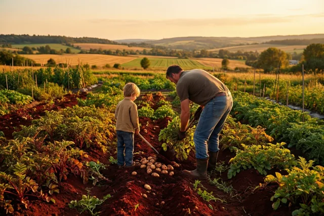 Een vader en kind rooien van achteren gezien samen aardappelen in een moestuin bij zonsondergang.