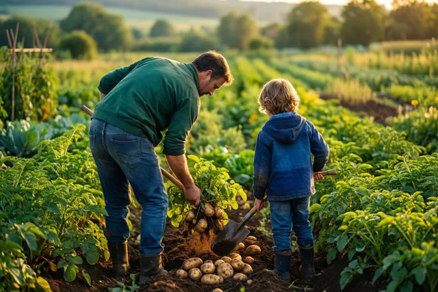 Een vader en kind in blauwe kleren oogsten van achteren gezien aardappelen in een groene moestuin in goudkleurig licht.