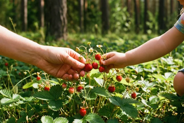 Een volwassen hand en een kinderhand plukken rijpe rode aardbeien van groene planten aan een zonnige bosrand.