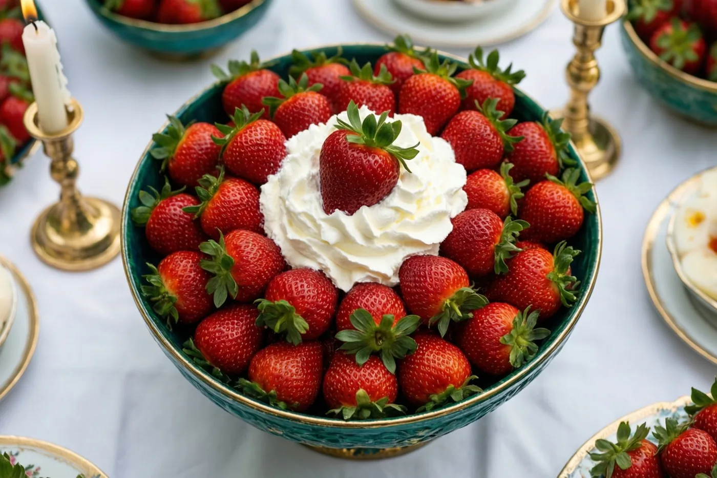 Een grote blauwgroene kom met verse aardbeien en een toef slagroom met één aardbei erop staat op een wit tafelkleed, tussen gouden kandelaars met brandende kaarsen.