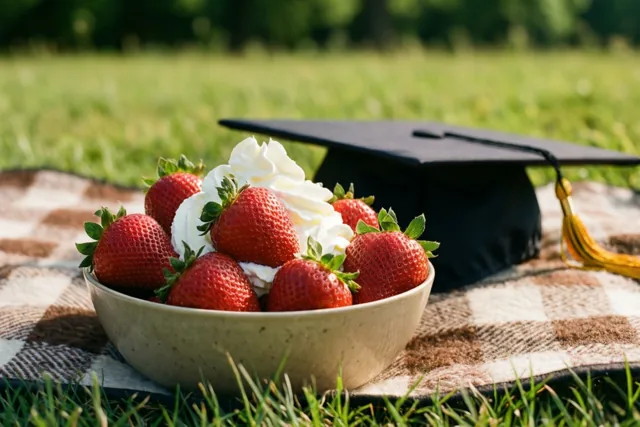 Een kom verse aardbeien met slagroom staat op een geruit picknickdeken in een grasveld naast een zwart afstudeerhoedje met een gouden kwastje.