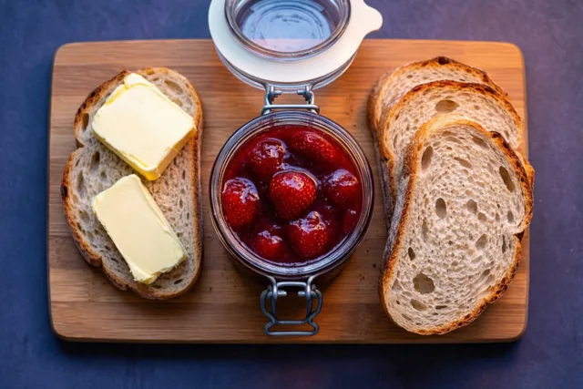 Een open glazen pot zelfgemaakte aardbeienconfituur staat op een houten snijplank naast sneetjes rustiek brood en twee klontjes boter, tegen een donkerblauwe achtergrond.