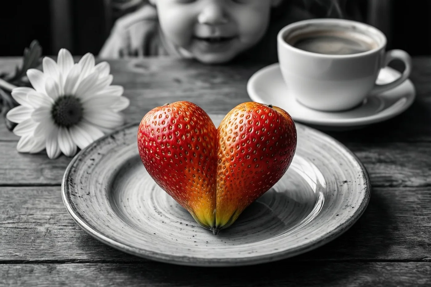 Twee aardbeien vormen een hart op een keramisch bord naast een witte koffiekop en een madeliefje op een houten tafel, met rode en gele kleuraccenten op het fruit in een verder zwart-wit beeld.