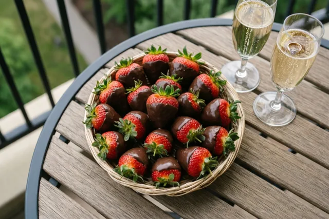 Een mandje aardbeien met chocolade staat op een houten balkontafel naast twee glazen schuimwijn, waarvan één een verlovingsring bevat, met een balustrade en groen op de achtergrond.