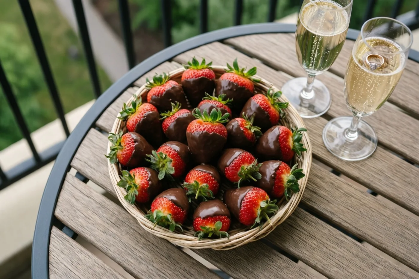 Een mandje aardbeien met chocolade staat op een houten balkontafel naast twee glazen schuimwijn, waarvan één een verlovingsring bevat, met een balustrade en groen op de achtergrond.