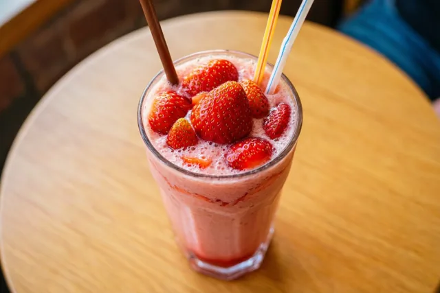 Een hoog glas roze aardbeienmilkshake met verse aardbeien en twee gekleurde rietjes staat op een lichte houten cafétafel.