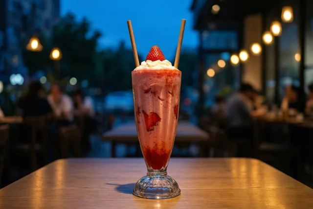 Een hoog glas aardbeienmilkshake met slagroom, een aardbei en twee rietjes staat op een houten cafétafel bij schemerlicht, met wazige bezoekers op de achtergrond.