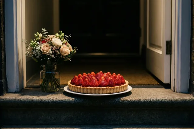 Een aardbeientaart en een klein boeket staan op een stenen drempel voor een open deur in warm daglicht.