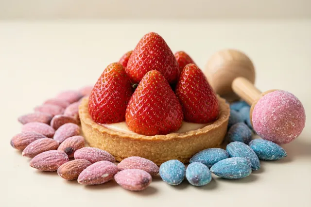 Een aardbeientaart met rode aardbeien staat tussen roze en blauwe suikerbonen en een houten rammelaar op een effen gebroken witte ondergrond.