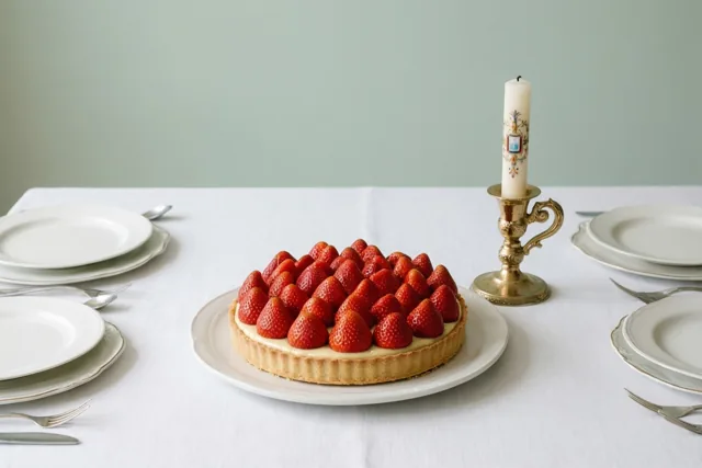 Een aardbeientaart staat op een wit tafelkleed naast een versierde communiekaars in een messing houder, met gedekte plaatsen eromheen en een lichtgroene muur op de achtergrond.