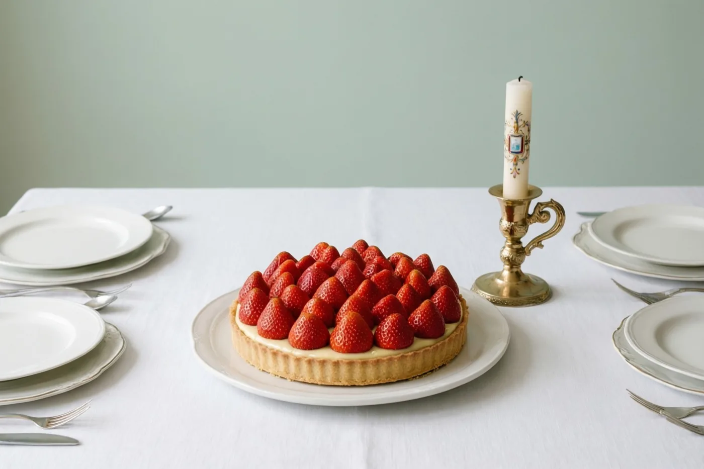 Een aardbeientaart staat op een wit tafelkleed naast een versierde communiekaars in een messing houder, met gedekte plaatsen eromheen en een lichtgroene muur op de achtergrond.