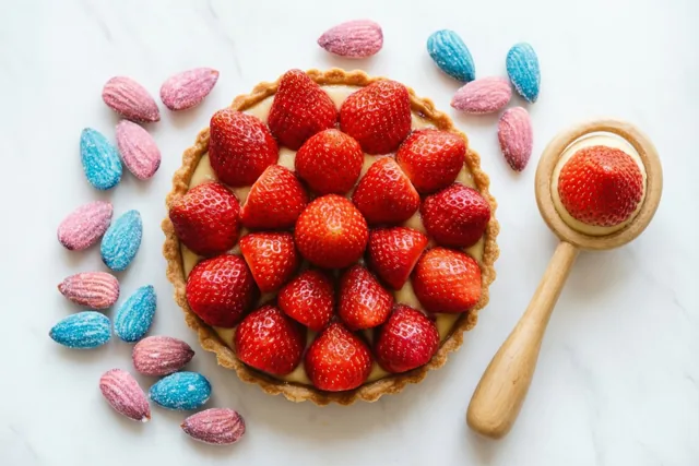 Een aardbeientaart met hele aardbeien staat op wit marmer tussen roze en blauwe suikerbonen, naast een houten lepel met één aardbei.
