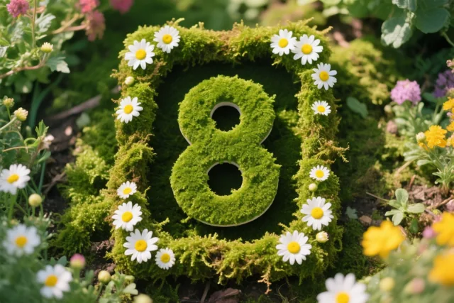 Een 8 is uitgesneden uit groen mos, omgeven door een rand van mos en versierd met witte madeliefjes in een heldere landelijke tuin.