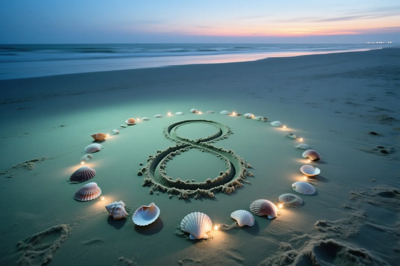 Een grote 8 is in het strandzand getekend tussen schelpen en kleine lichtjes, met een kalme zee onder een blauwe, roze en oranje hemel bij zonsondergang.
