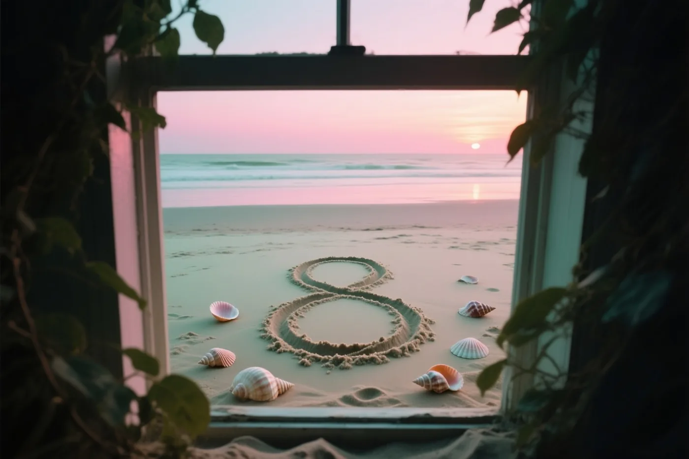 Door een raam is een 8 in het strandzand te zien, omringd door schelpen in het roze en oranje licht van de zonsondergang boven zee.