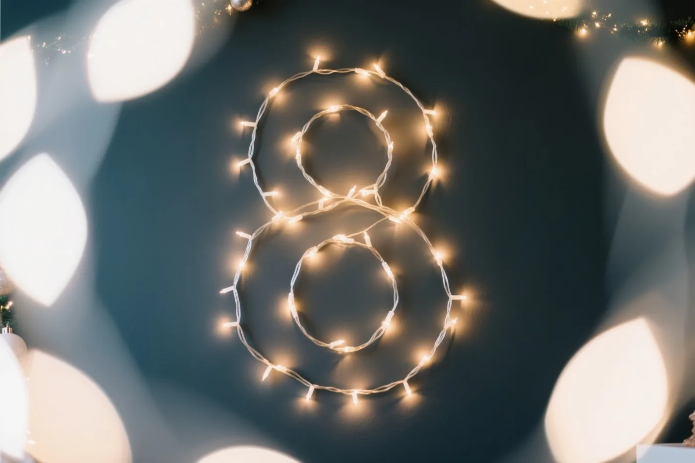 Warme lichtjes vormen een 8 op een donkere muur, met onscherpe gele en witte feestlichtjes tegen een donkerblauwgrijze achtergrond.