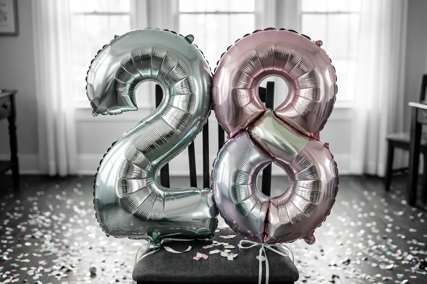 Zilveren en roségouden folieballonnen vormen 28 aan een stoel in een lichte kamer met confetti op de donkere vloer.