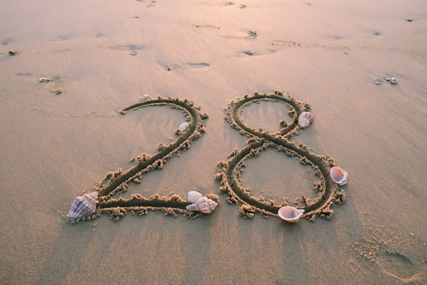 Het getal 28 staat in het zand op een strand bij zonsondergang, met schelpen eromheen in warme gouden en beige tinten.